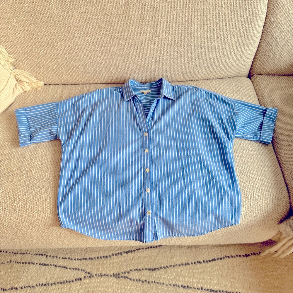 Joie Cotton Blue & White Stripe Short Sleeve Button Down Blouse
